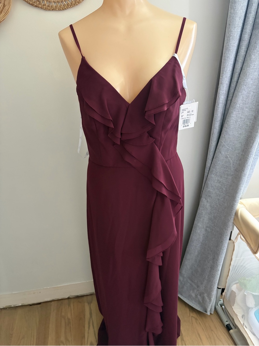 David's Bridal Ruffle V-Neck Maxi Dress in Burgundy
